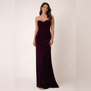 Revelry Plum Wine Velvet Strapless Cowl Neck Back Button Detail Formal Dress